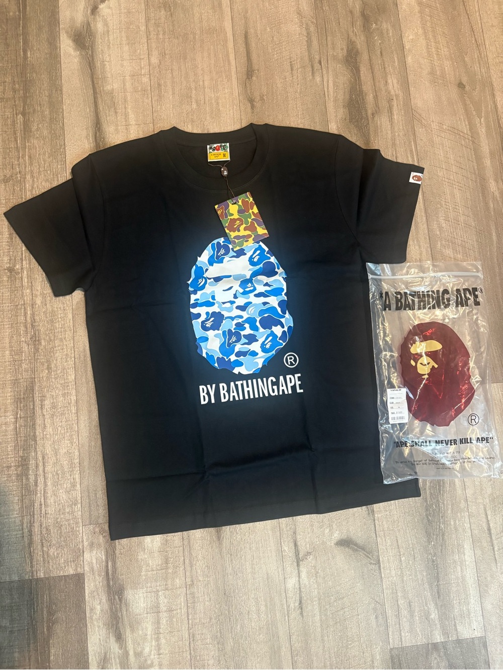 By Bathing Ape Men's Black Tee with Blue Camo Ape Graphic